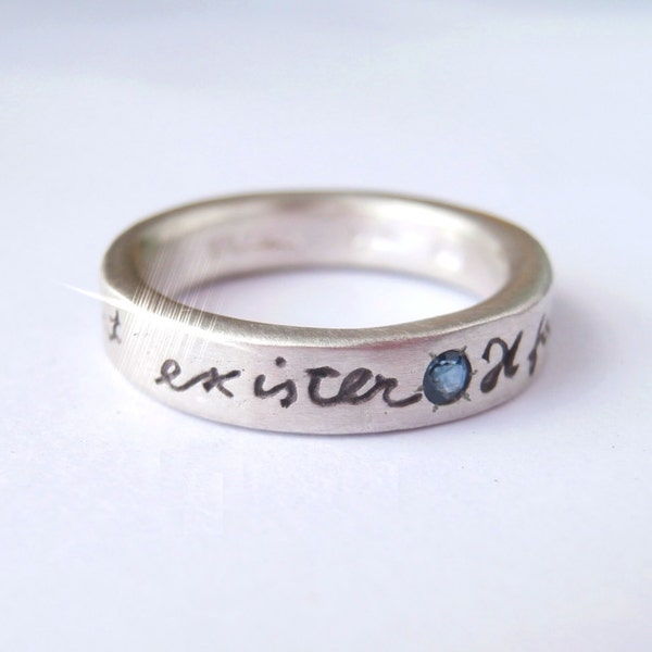 Skinny French Poetry ring Il Faut Vivre Sterling Silver and Blue Sapphire