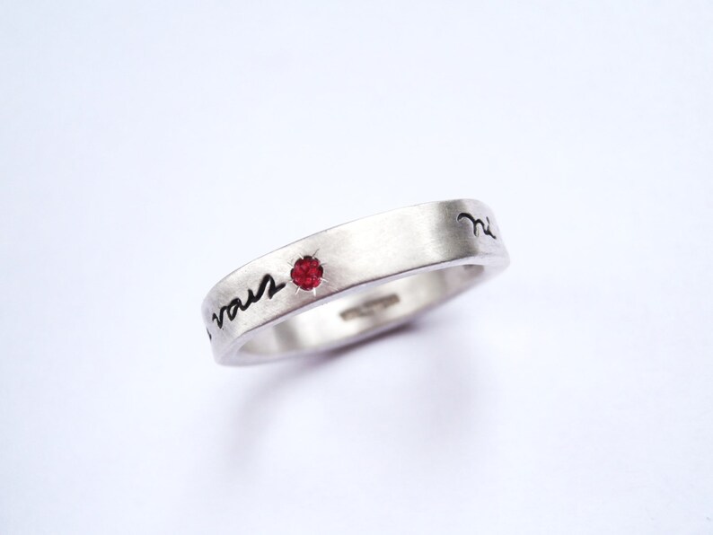 Thin Ni Vous Sans Moi French Poetry Ring Sterling Silver with Ruby