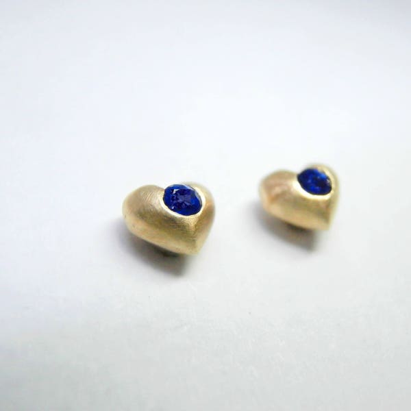 Mini Heart Earrings with Blue Sapphires Solid 18K Yellow Gold screw back Earrings