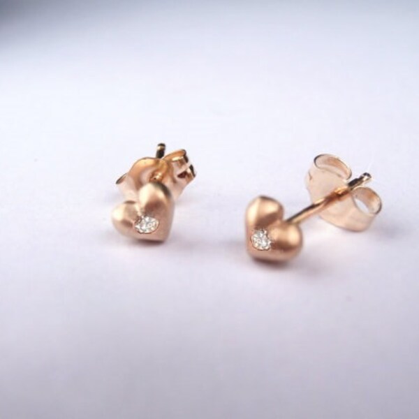 Mini Heart Earrings with diamonds Solid 18K Rose Gold Stud Earrings