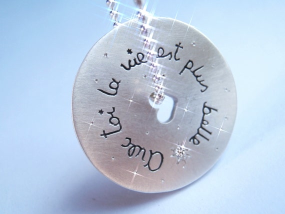 Sterling Silver Diamond Necklace: French Love Quote, Handmade Pendant
