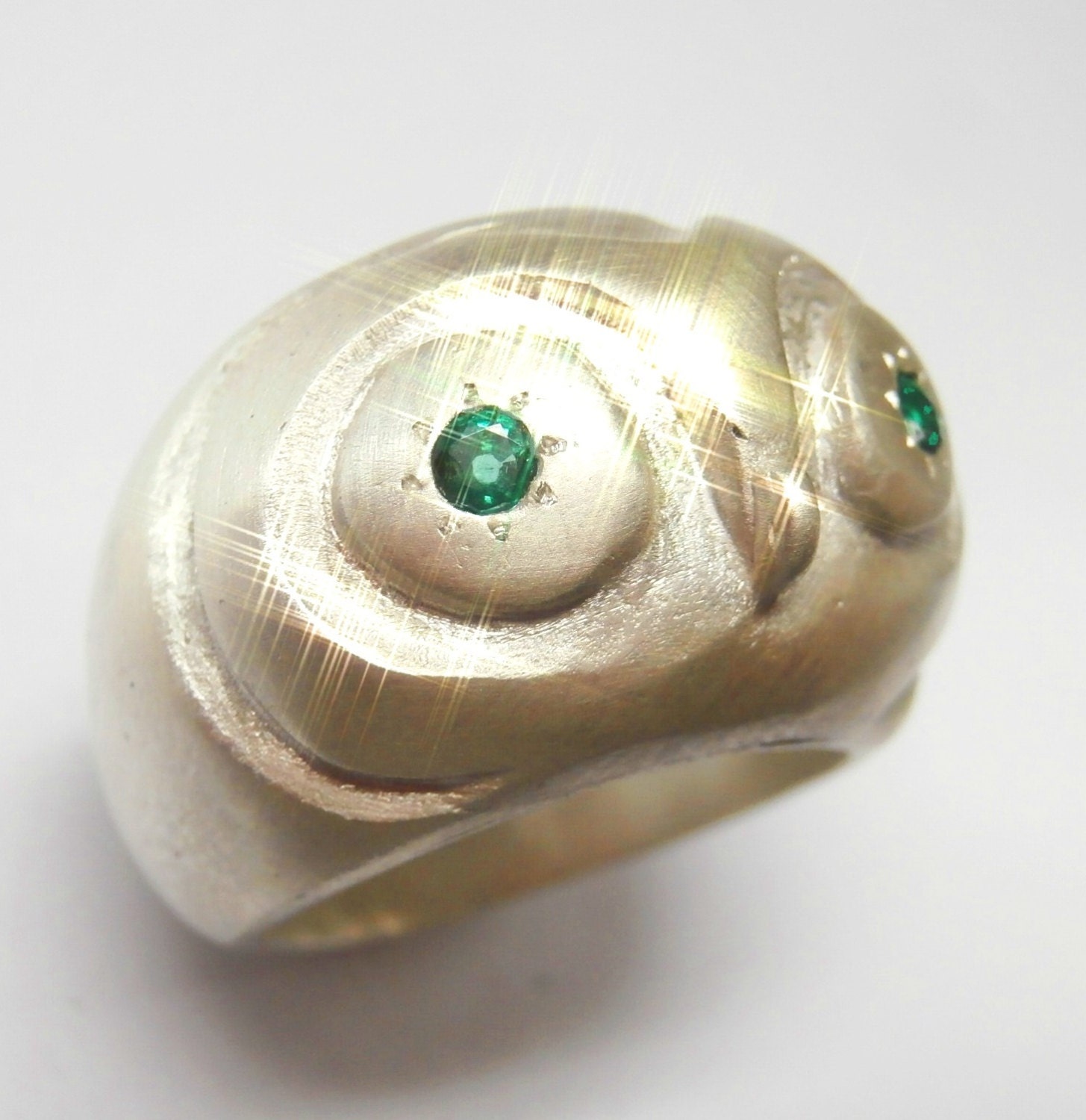 Owl Ring Wisdom and Luck Sterling Silver with emeralds
