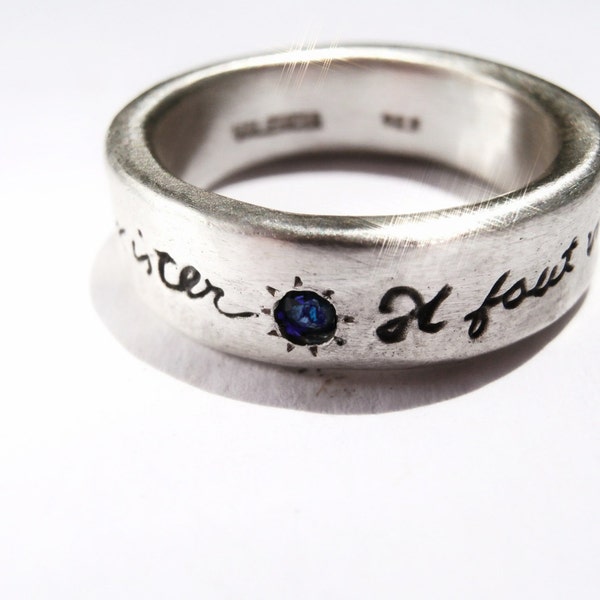 Il Faut Vivre French Poetry Ring Sterling Silver and Blue Sapphire