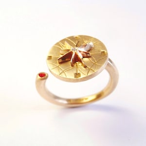 Mini Compass Gold Ring Diamond and Ruby