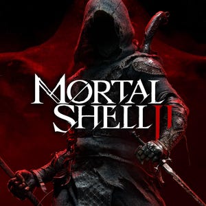 May include: A dark, hooded figure stands against a deep red background, holding a large, curved metal axe in one hand and a sword in the other. The text MORTAL SHELL II is displayed in white and red lettering across the centre of the image.