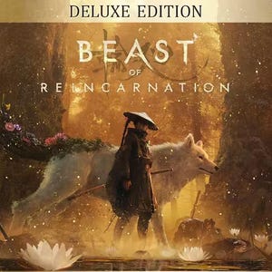 Puede incluir: Una ilustración digital titulada Beast of Reincarnation Deluxe Edition que muestra a una figura con sombrero cónico y túnicas oscuras caminando junto a un gran lobo blanco con flores en la cola en un bosque dorado con flores de loto blancas.