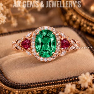 Op de afbeelding: Een roségouden ring met een grote ovaal geslepen groene middensteen omringd door een halo van kleine witte diamanten. Twee driehoekige rode zijstenen zijn gezet in de band, die is versierd met extra kleine witte diamanten. Tekst: AK GEMS & JEWELLERY'S.