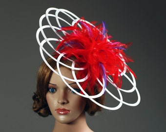 White & Red and Purple Satin Saucer Loops with red and purple feathers Fascinator Hatinator Perfect for the Kentucky Derby or Aintree, Ascot