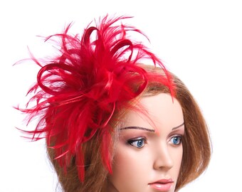 Red Satin and Feather Fascinator Hat - Wedding, Ladies Day  display picture 2