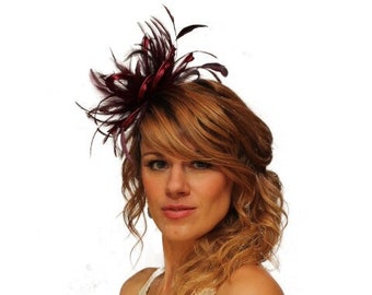 Burgundy wine  Feather Fascinator Hat - wedding, ladies day - choose any colour feathers & satin