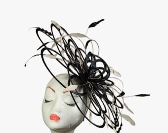 Black Satin Saucer Loops with cream and black feathers Fascinator Hatinator Perfect for the Kentucky Derby or Aintree, Ascot