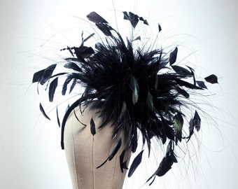 Black feather and peacock fronds and soft quills Fascinator Hat  wedding, ladies day - choose any colour feathers & satin