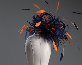 Navy Blue and Orange Feather Fascinator Hat - wedding, ladies day - choose any colour feathers & satin