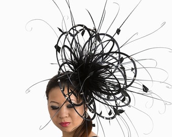 Black with studs and soft quills Fascinator Hat  wedding, ladies day - choose any colour feathers & satin