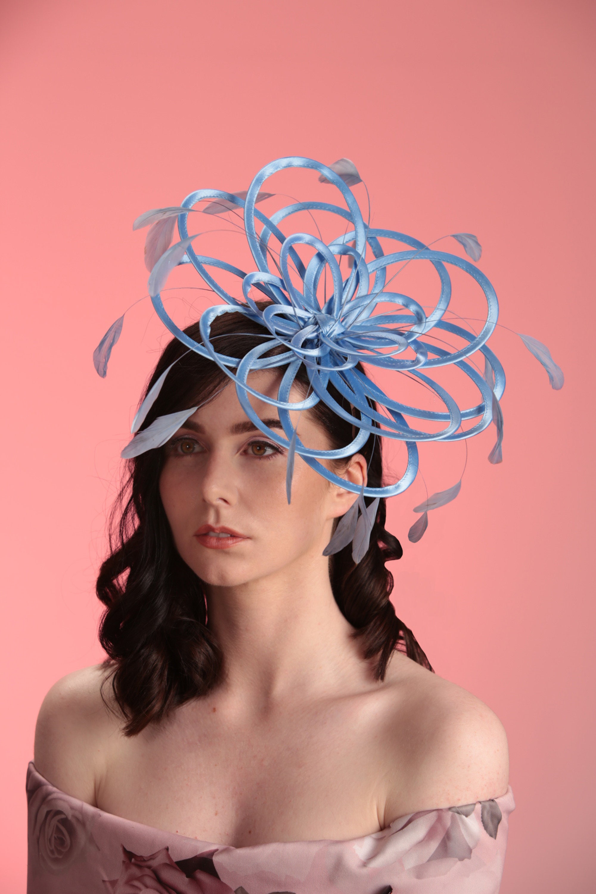 Cornflower Blue Satin and Feather Fascinator Hat - Wedding  display picture 3