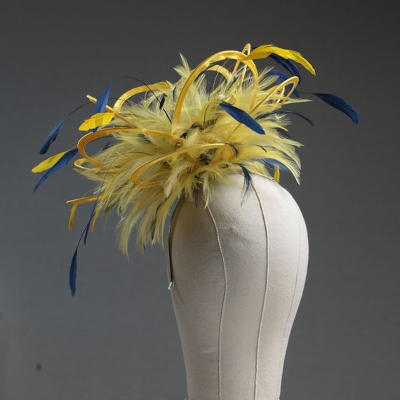 Yellow and Navy Blue Satin Feather Fascinator Hat - Wedding  display picture 1
