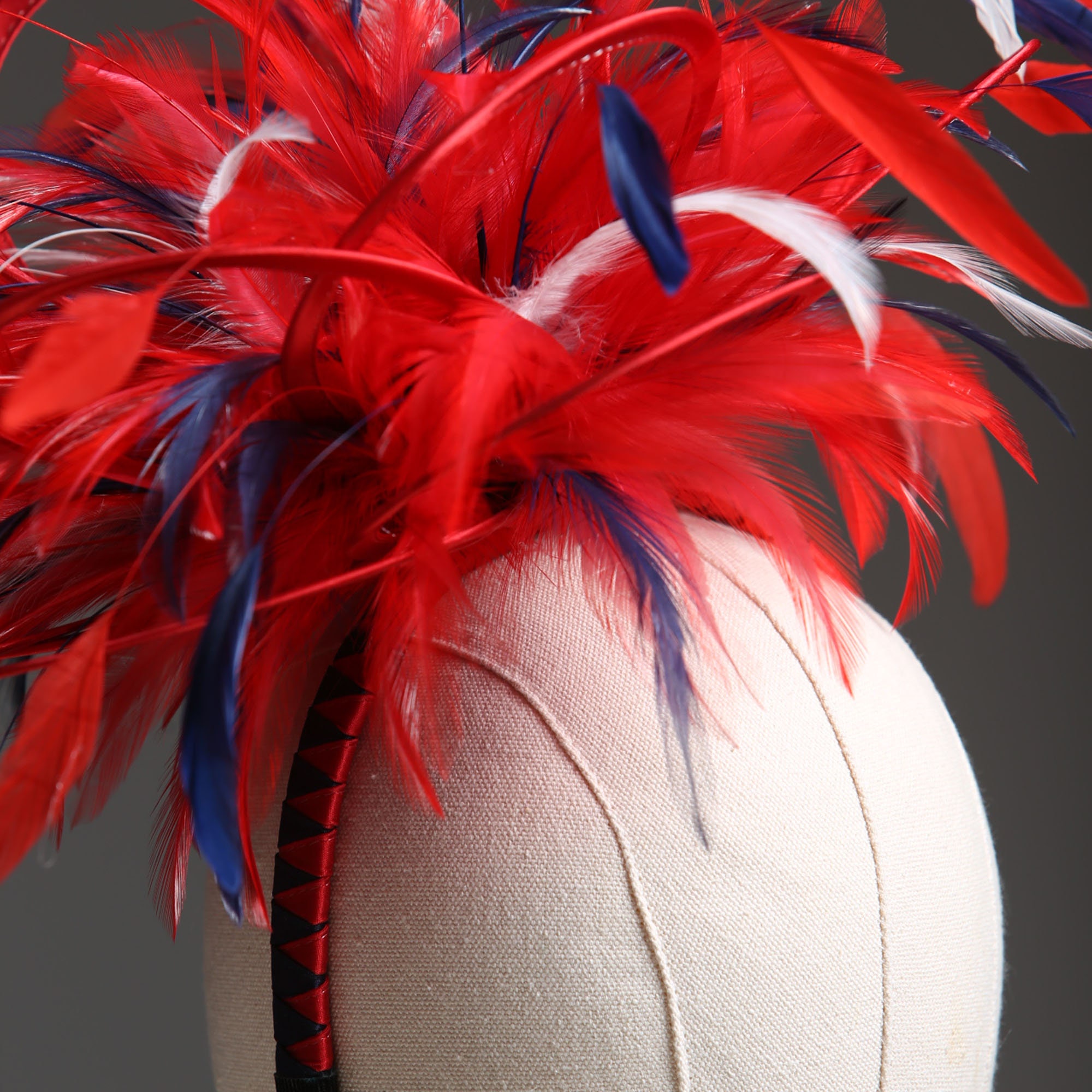 Red, Navy Blue and White Medium Feather Fascinator Hat 