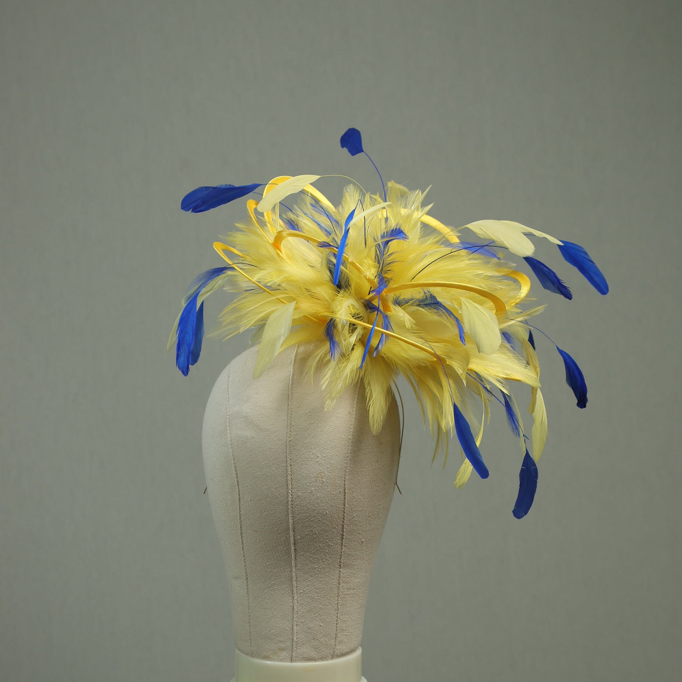 Yellow and Royal Blue Satin Feather Fascinator Hat - Wedding  display picture 1