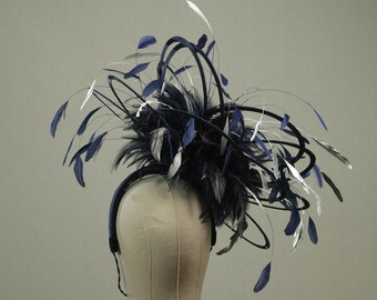 Navy Blue and Silver Large Feather Fascinator Hat- Mother of The Bride, ladies day choose any colour feathers and satin