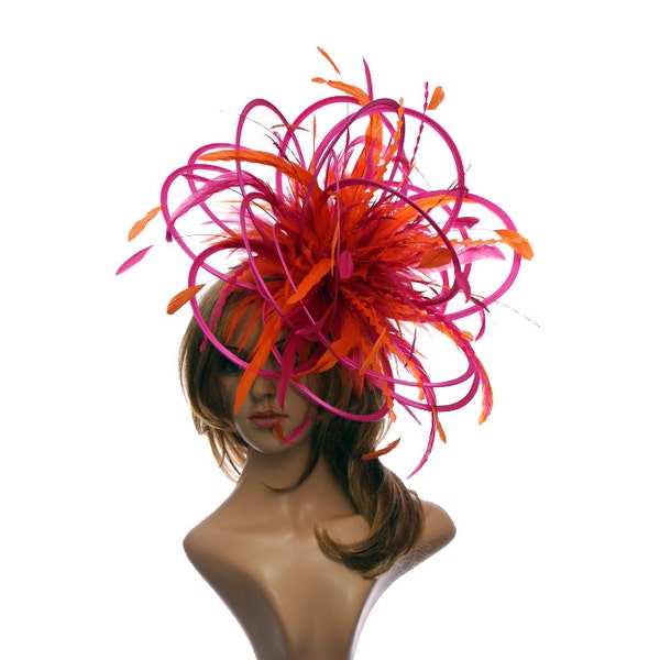 Hot Pink Fuschia and Orange Large Feather Fascinator Hat-Perfect for a Mother of The Bride,ladies day - choose any colour feathers and satin