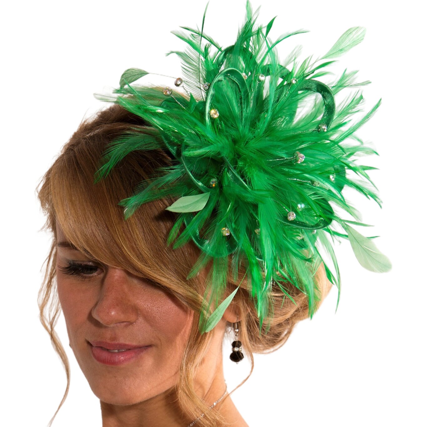 Emerald Green Rhinestone Diamante Satin Feather Fascinator  display picture 1