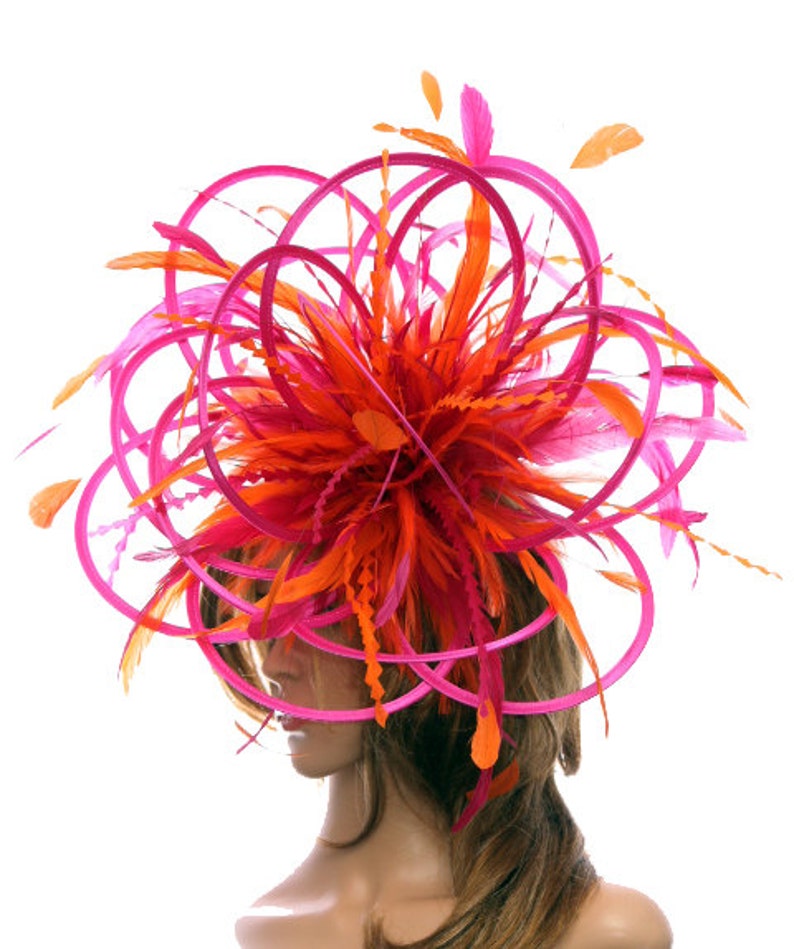 choose any colour feathers and satin Hot Pink Fuschia and Orange Large Feather Fascinator Hat-Perfect for a Mother of The Bride,ladies day