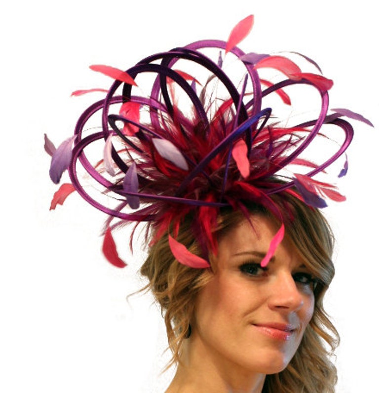 Mother of the Bride wedding Purple and Hot Pink Satin Feather Fascinator Hat choose any colour feathers /& satin ladies day