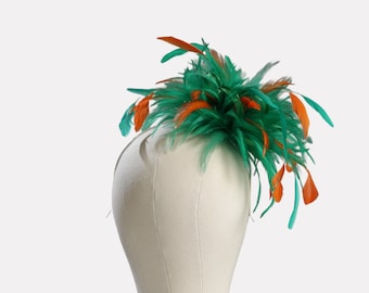 Emerald Green and Orange Feather Fascinator Hat - Wedding 