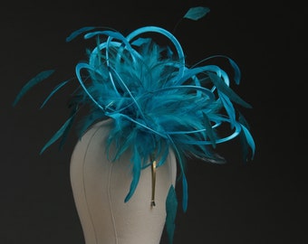 Turquoise and Teal Satin  Feather Fascinator Hat - wedding, ladies day, Mother of the Bride - choose any colour feathers & satin