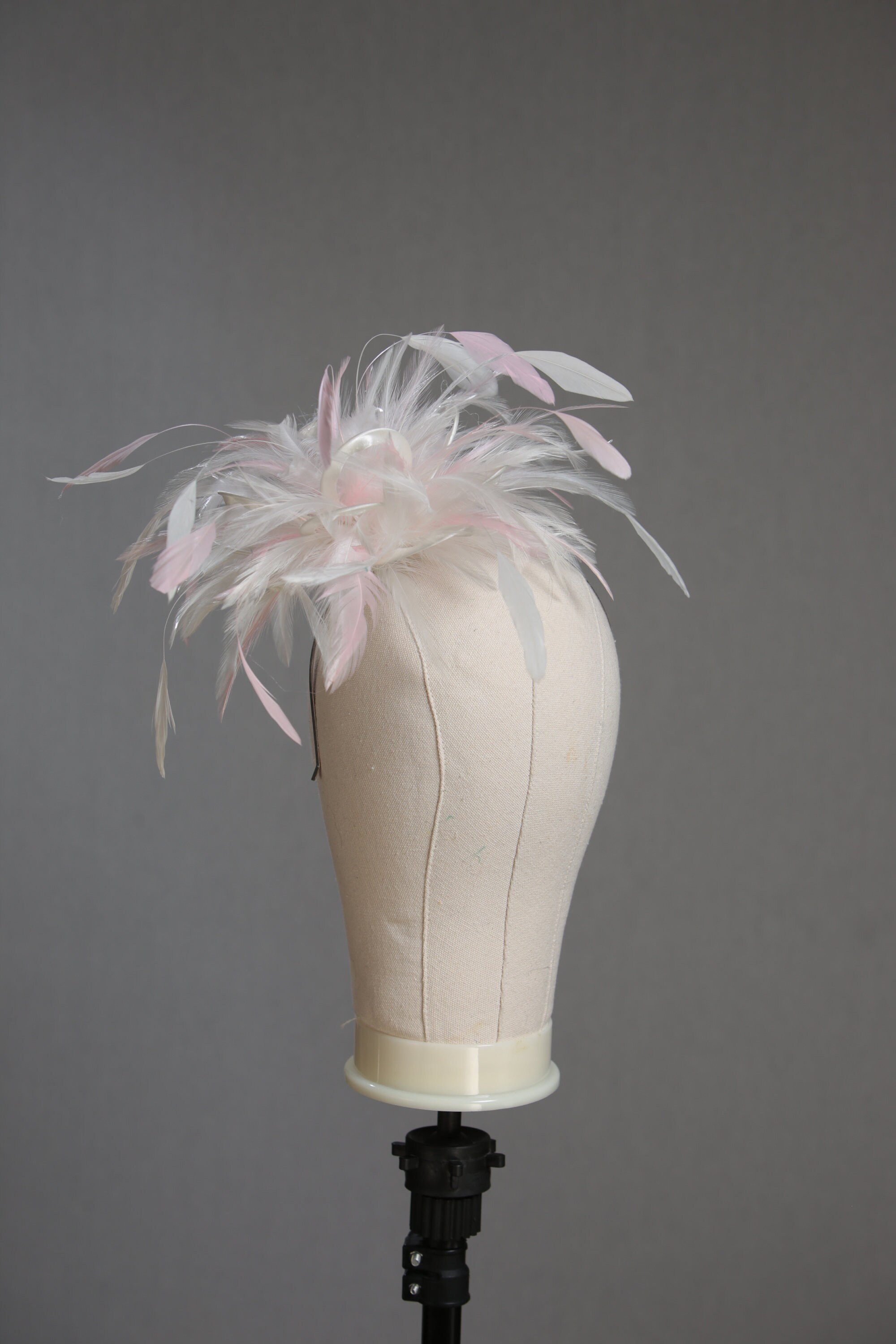 Fascinator Hat Veil Feather Pink1 Light Pink Pillbox Hat With Birdcage Veil and Silk Flowers  main image 3