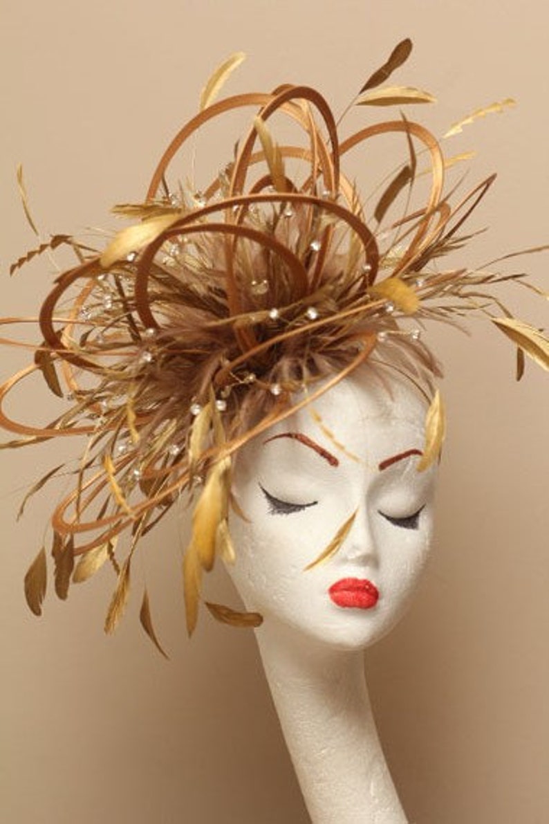 Large Gold Diamante Feather Fascinator Hat wedding ladies
