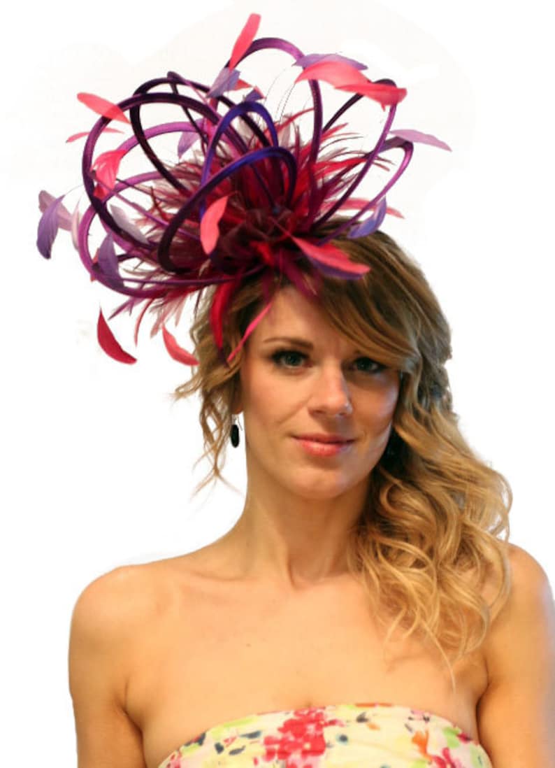 Mother of the Bride wedding Purple and Hot Pink Satin Feather Fascinator Hat choose any colour feathers /& satin ladies day