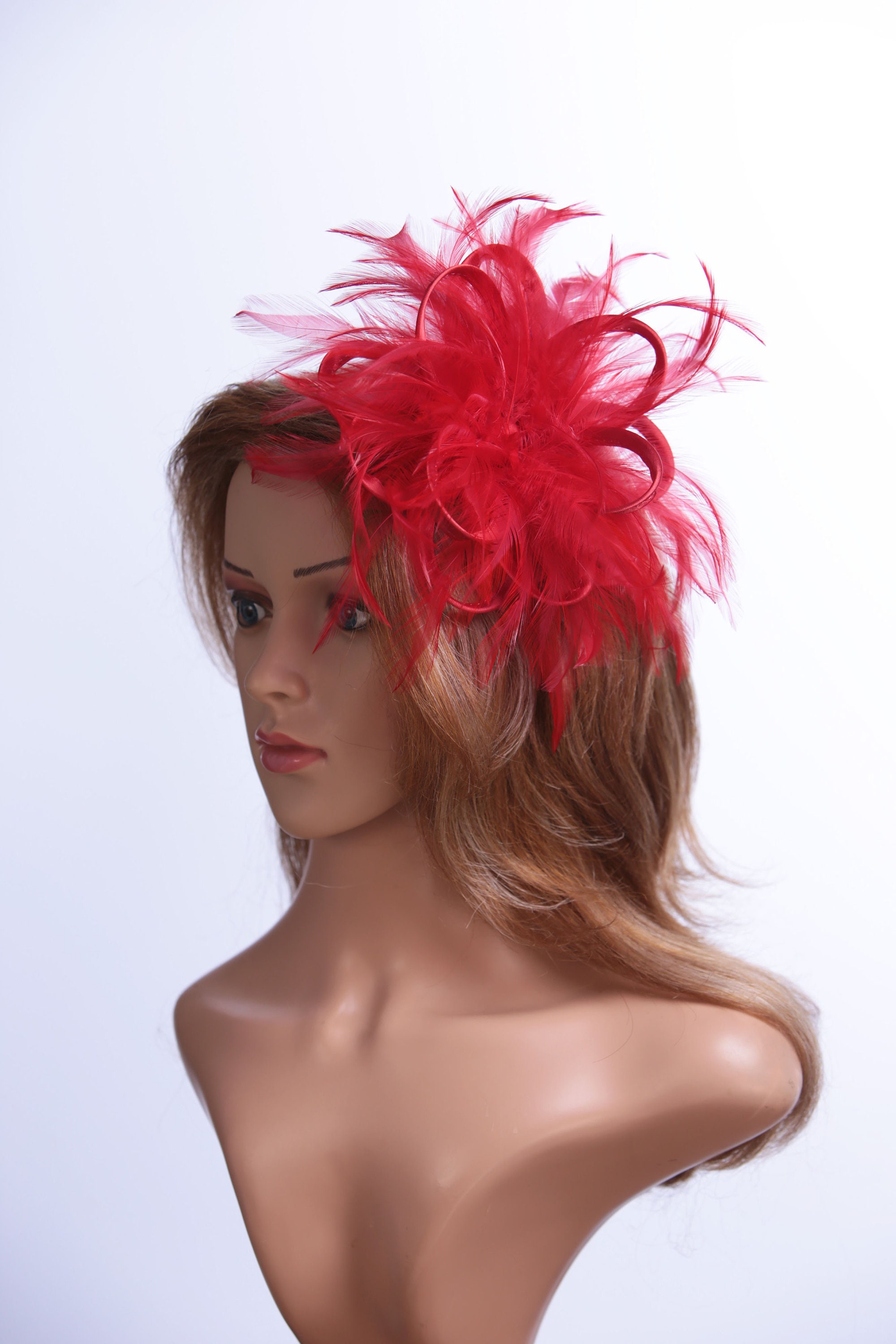 Red Satin and Feather Fascinator Hat - Wedding, Ladies Day 