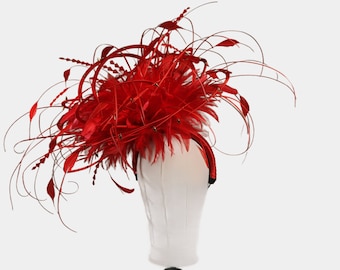 Red Feather Fascinator Hat  with studs and softly curled quills Extra Large- choose any colour feathers & satin