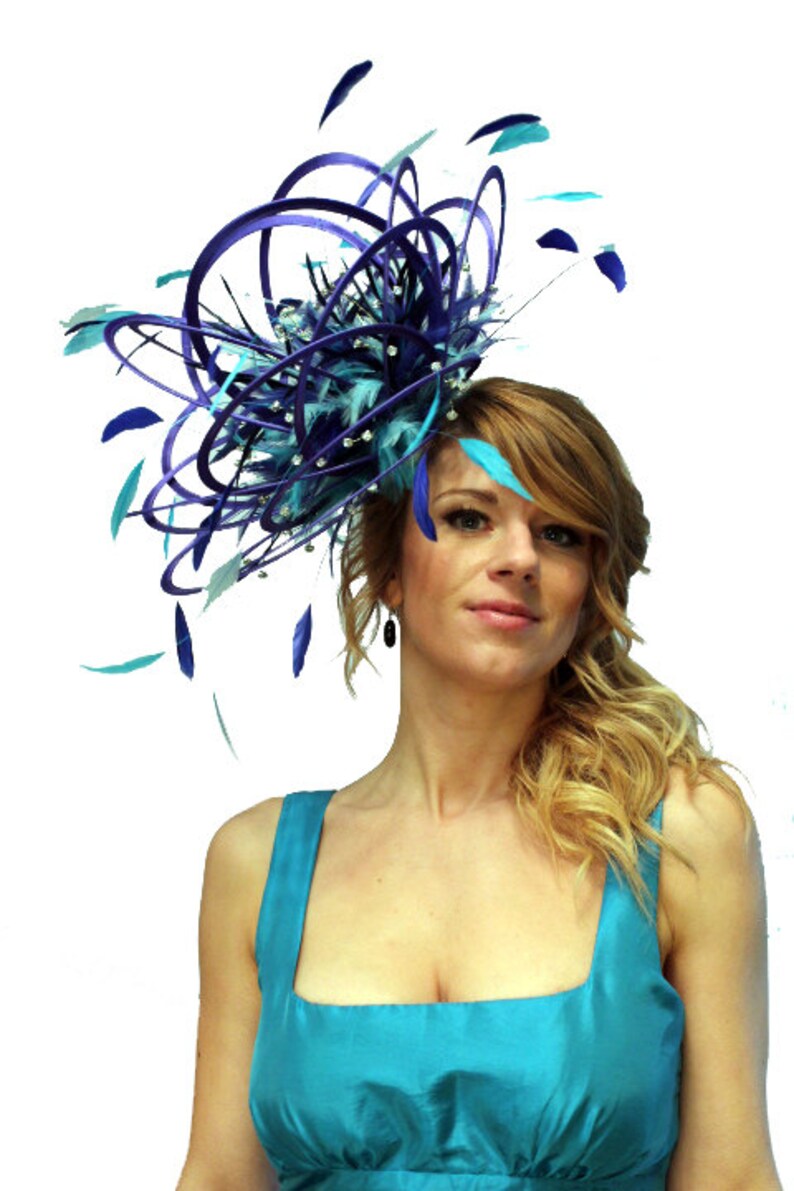 choose any colour feathers /& satin wedding Large Royal ladies day Turquoise and Aqua Blue Rhinestone Diamante Feather Fascinator Hat