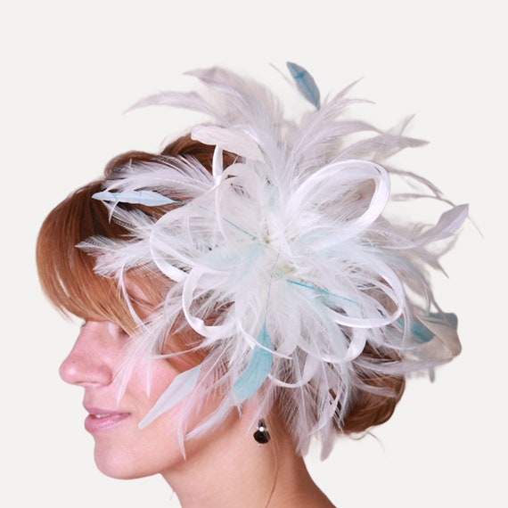 Ivory & Aqua Blue Feather Fascinator Hat- Headband or Comb  display picture 1