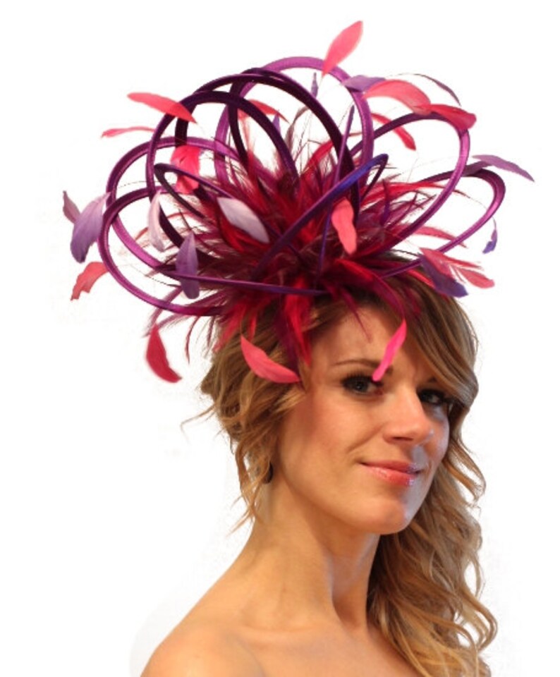 Mother of the Bride wedding Purple and Hot Pink Satin Feather Fascinator Hat choose any colour feathers /& satin ladies day