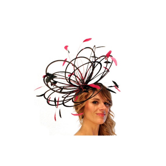 Black and Hot Pink Large Feather Fascinator Hat - Perfect  display picture 3