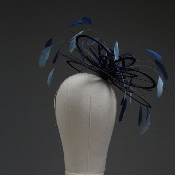 Navy Blue, Cornflower Blue Satin and Feather Fascinator Hat  display picture 2