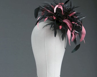 Black and Coral Pink Feather Fascinator Hat - wedding, ladies day - choose any colour feathers & satin