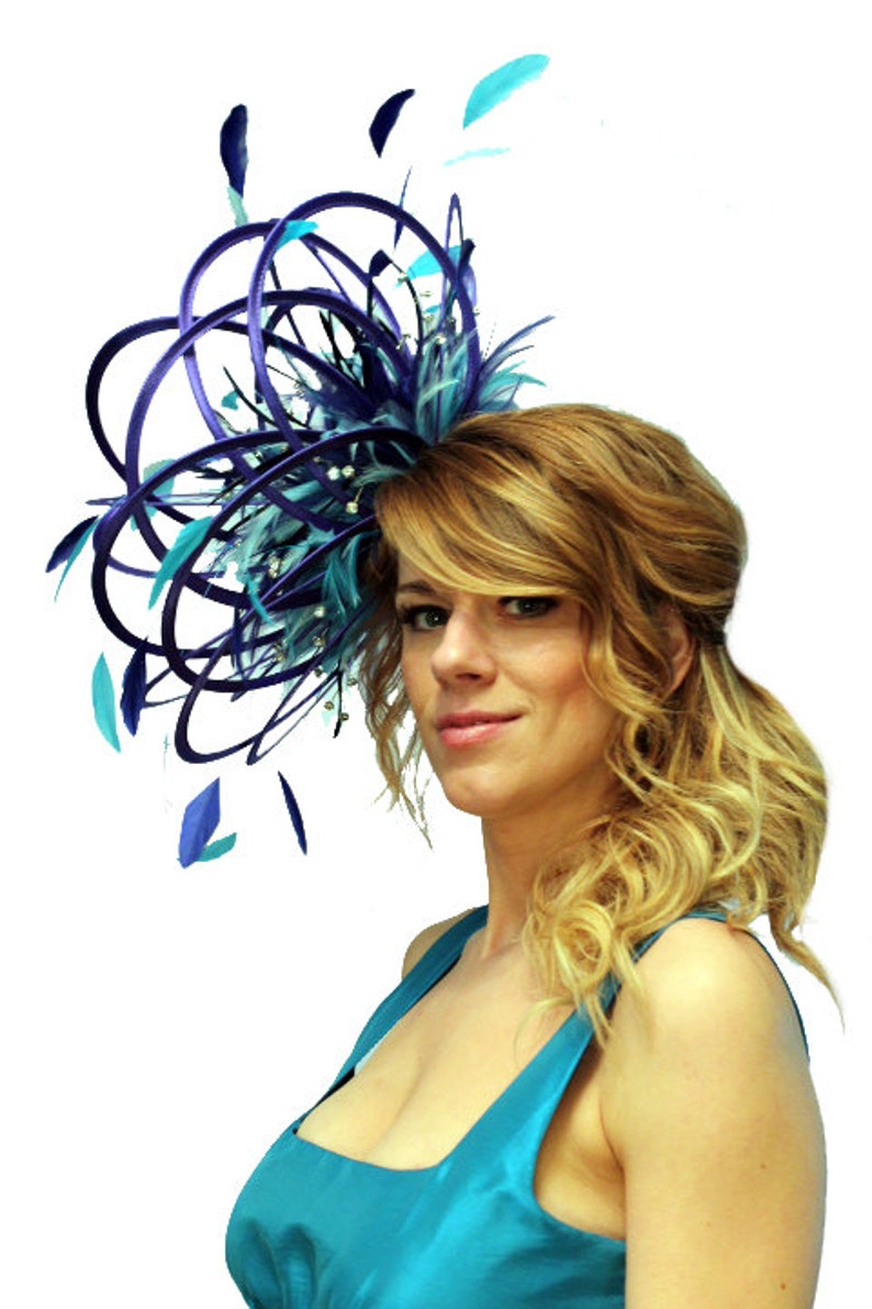 choose any colour feathers /& satin wedding Large Royal ladies day Turquoise and Aqua Blue Rhinestone Diamante Feather Fascinator Hat