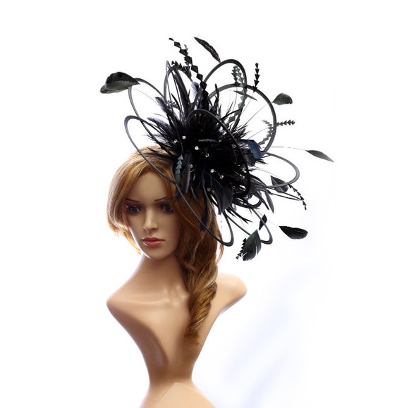 Large Black Rhinestone Diamante Feather Fascinator Hat  display picture 2
