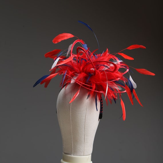 Red, Navy Blue and White Medium Feather Fascinator Hat  display picture 3