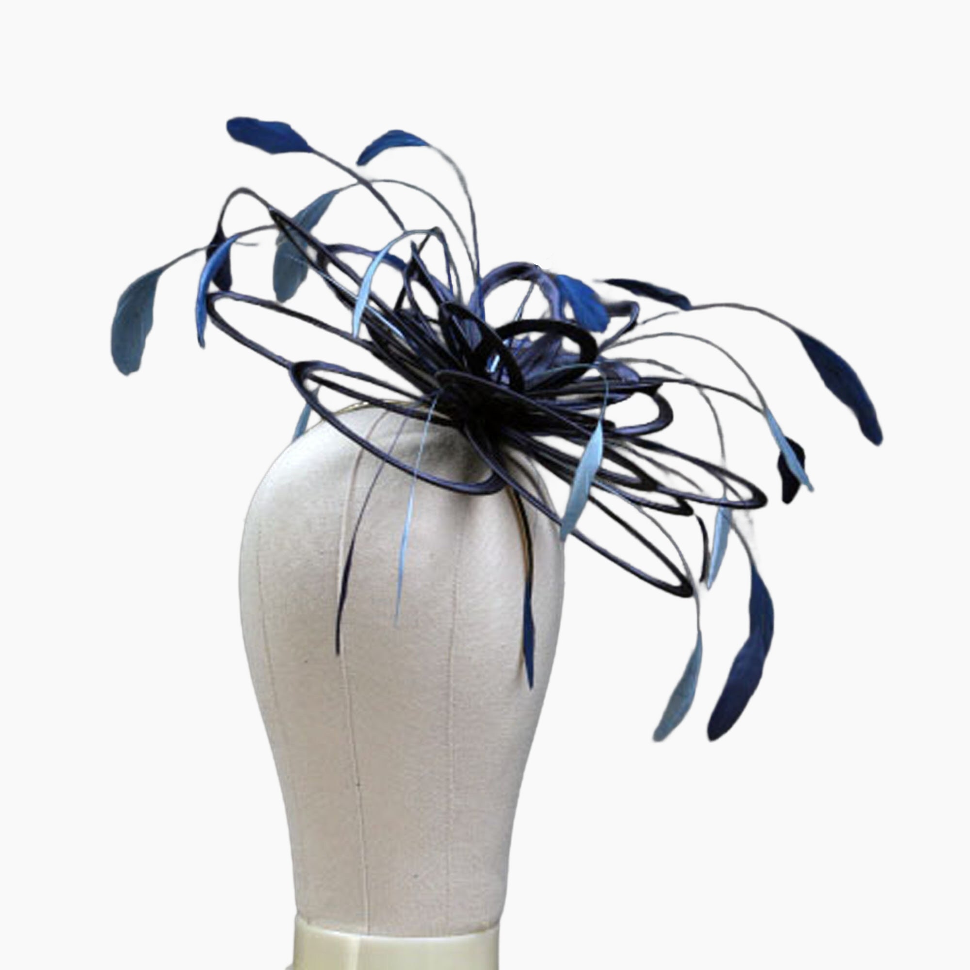 Navy Blue, Cornflower Blue Satin and Feather Fascinator Hat 