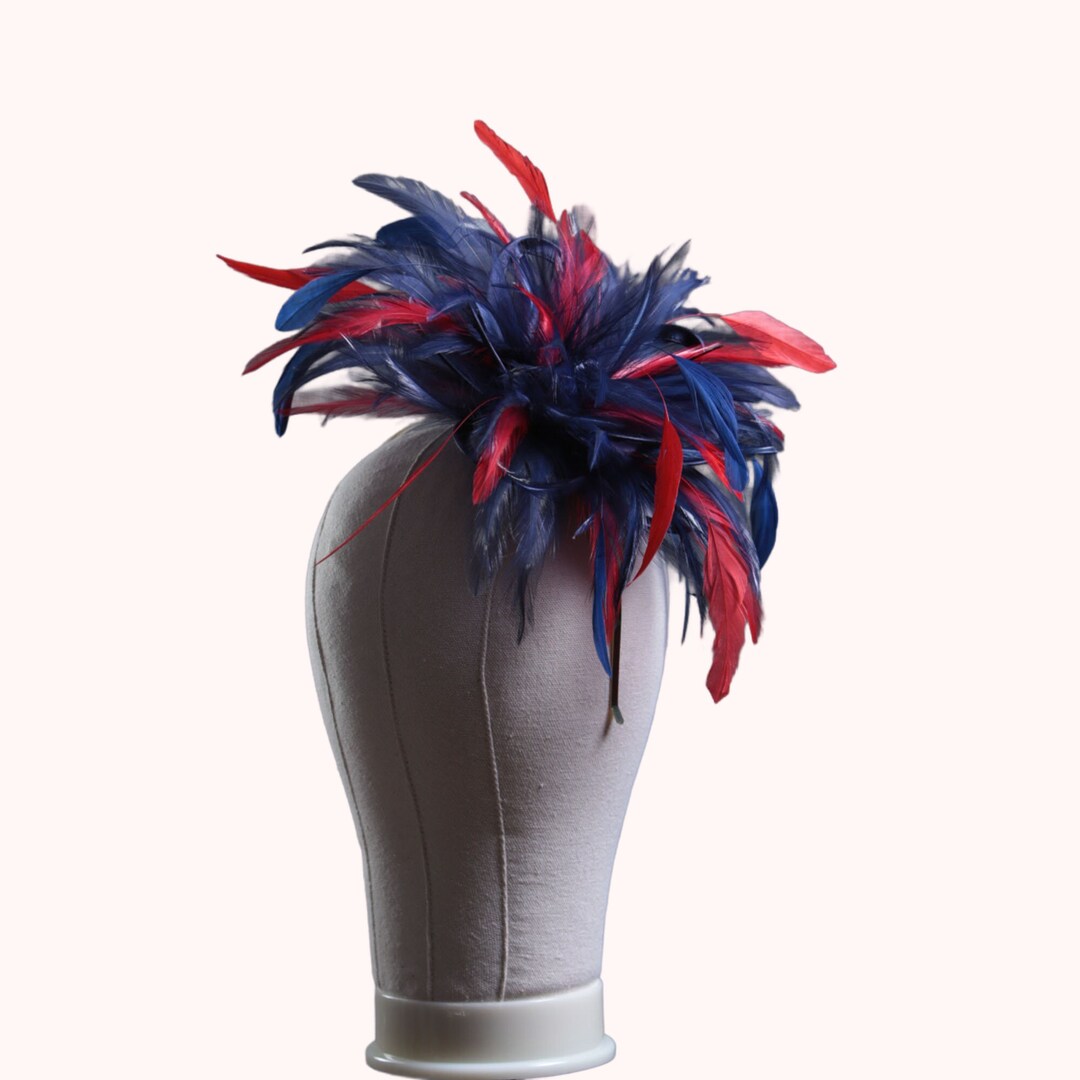 Navy Blue and Red Feather Fascinator Hat - Wedding, Ladies 