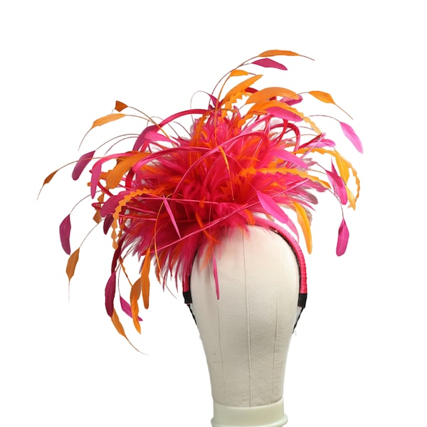Hot Pink Fuschia and Orange Large Feather Fascinator Hat (double feathers)  choose any colour feathers and satin