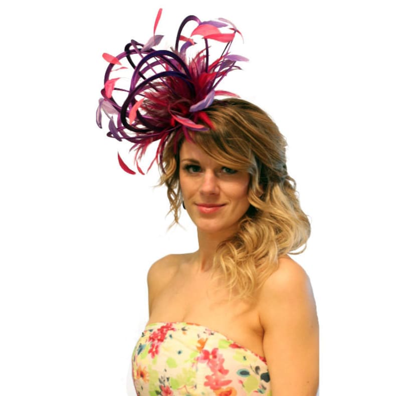 Mother of the Bride wedding Purple and Hot Pink Satin Feather Fascinator Hat choose any colour feathers /& satin ladies day