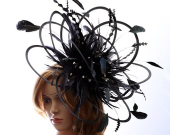 Large Black Rhinestone Diamante Feather Fascinator Hat  display picture 3