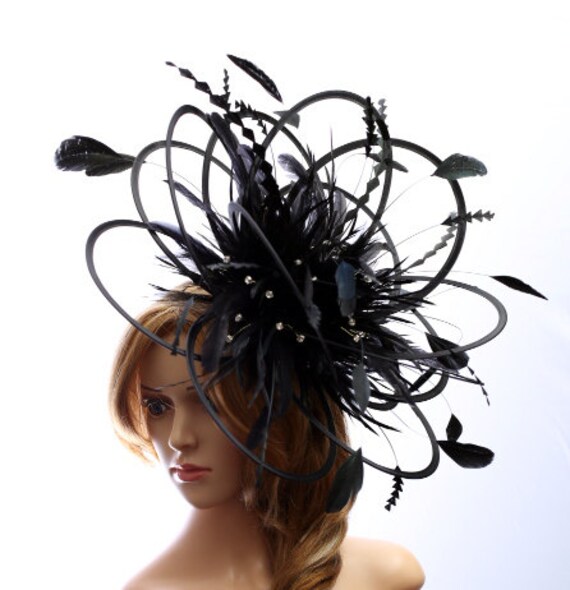 Large Black Rhinestone Diamante Feather Fascinator Hat  display picture 3