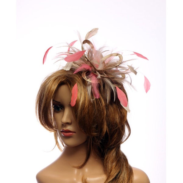 Taupe Nude and Coral Pink Feather Fascinator Hat - wedding, ladies day - choose any colour feathers and satin